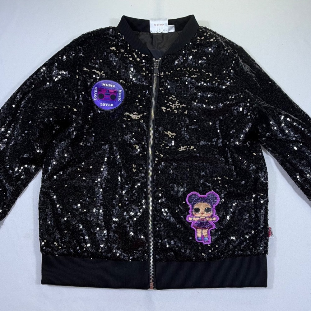 LOL Surprise Remix Girls Black Sequin Bomber Jacket Music Lover Patch Size 10/12 - Picture 2 of 7
